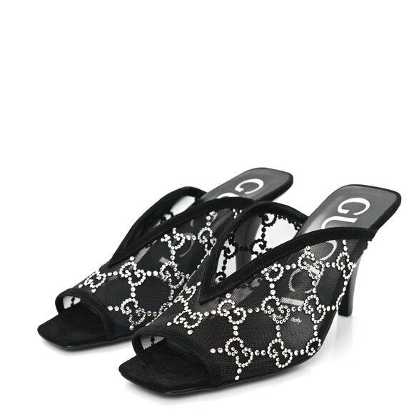 NWB Gucci GG Black Crystal Mules Logo Heels SlipOns Sandals Scamosciat 40 695219 - Picture 1 of 9